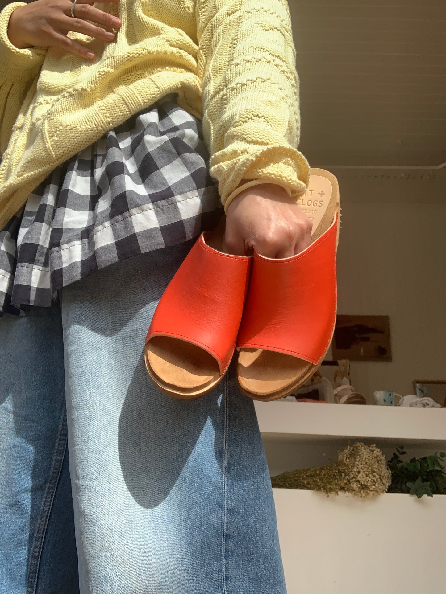 low heel red slider sandal clogs