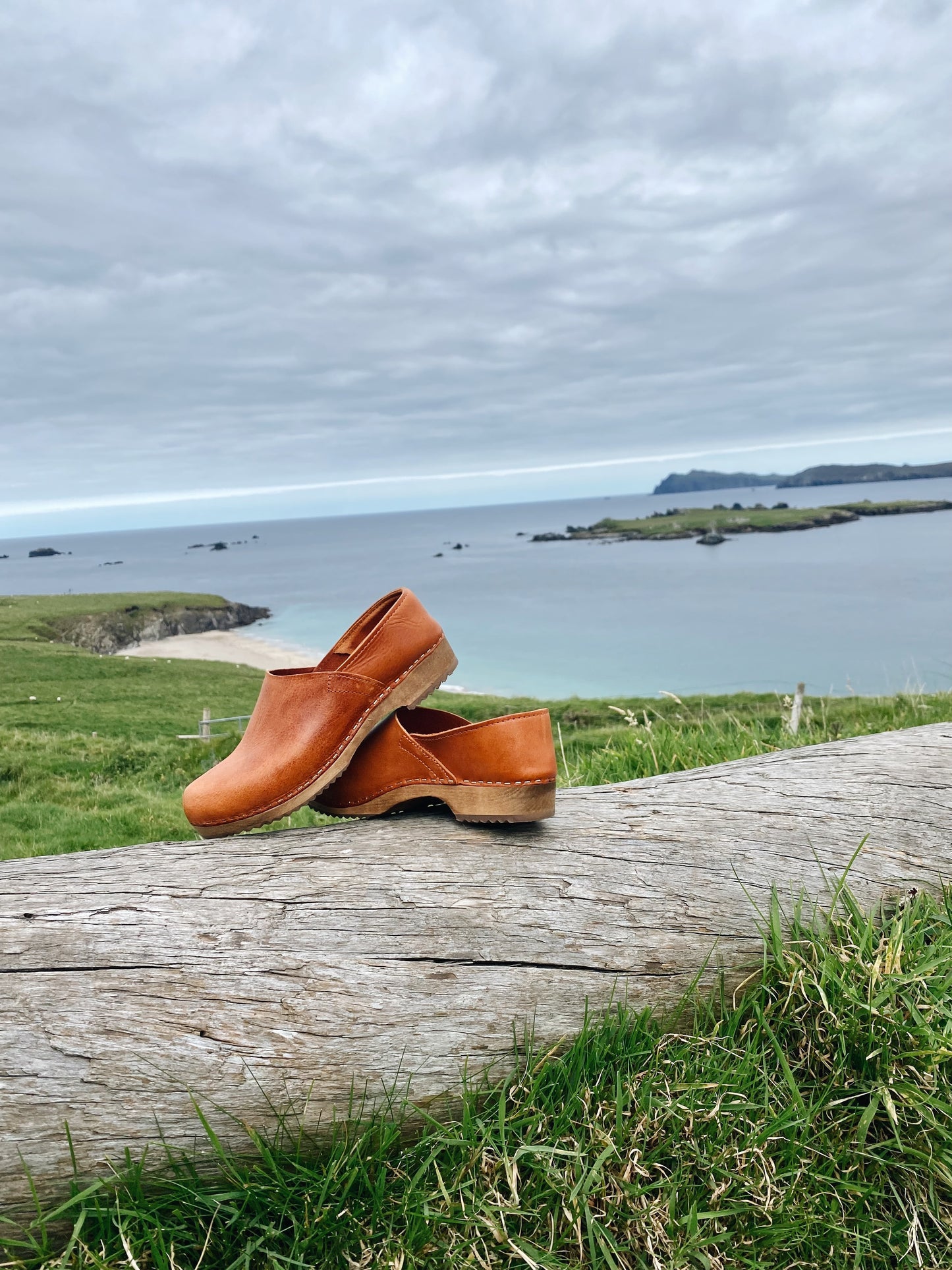 Cumin tan swedish clogs with a low wooden base and covered back